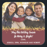 Merry Holiday Christmas Cheer Family Photo Gold Square Sticker<br><div class="desc">Wish all your family and friends a holiday greeting this Christmas, New Years, Hanukah and Kwanzaa Add your favourite photo to create your own customized sticker. Place sticker on gifts, invite envelopes and greeting card envelopes. Monogram with your family name. Design includes gold sparkle overlay to highlight your own photo....</div>