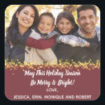 Merry Holiday Christmas Cheer Family Photo Gold Square Sticker<br><div class="desc">Wish all your family and friends a holiday greeting this Christmas, New Years, Hanukah and Kwanzaa Add your favourite photo to create your own customized sticker. Place sticker on gifts, invite envelopes and greeting card envelopes. Monogram with your family name. Design includes gold sparkle overlay to highlight your own photo....</div>