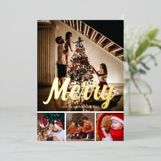 Merry holiday photo collage gold text