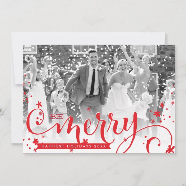 MERRY HOLIDAY script typography photo overlay red Card (Front)