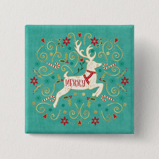 Merry Holiday Teal Reindeer 2 Inch Square Button (Front)