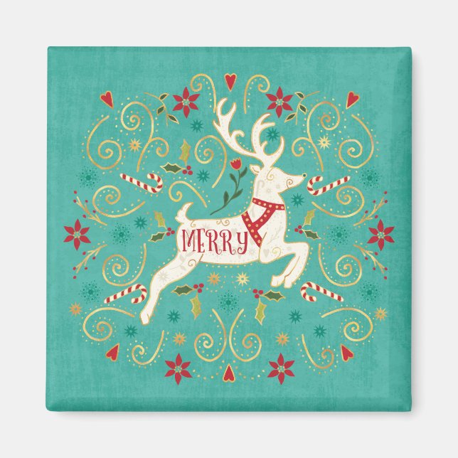 Merry Holiday Teal Reindeer Magnet (Front)