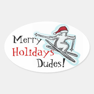 Merry Holidays Dudes fun santa skier oval stickers