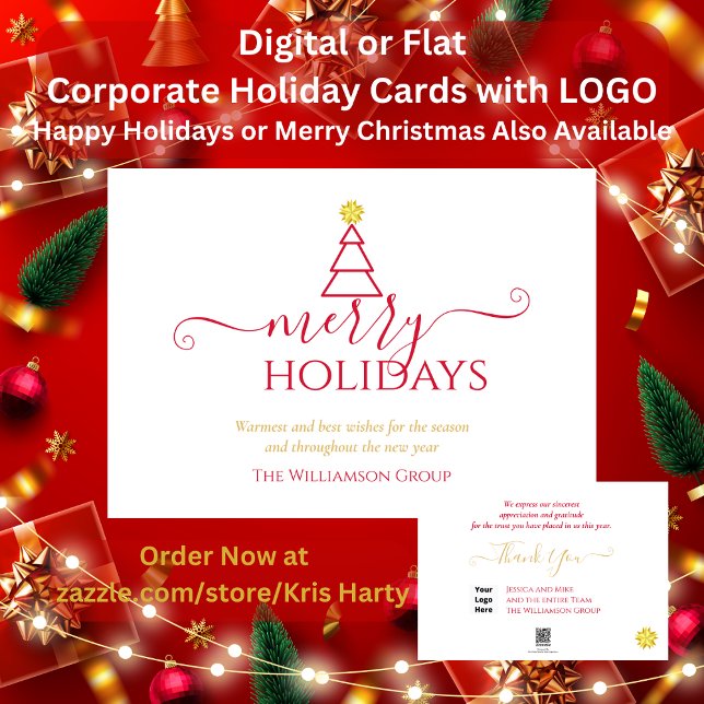 Merry Holidays  Simple Tree CorporateBusiness Logo Holiday Card (Send holiday greetings to clients & associates with simple Merry Holidays red gold tree. Digital too)