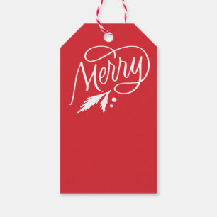 Merry holly evergreen bright red gift tag