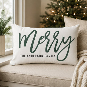 Merry Hunter Green Script Family Christmas Lumbar Pillow