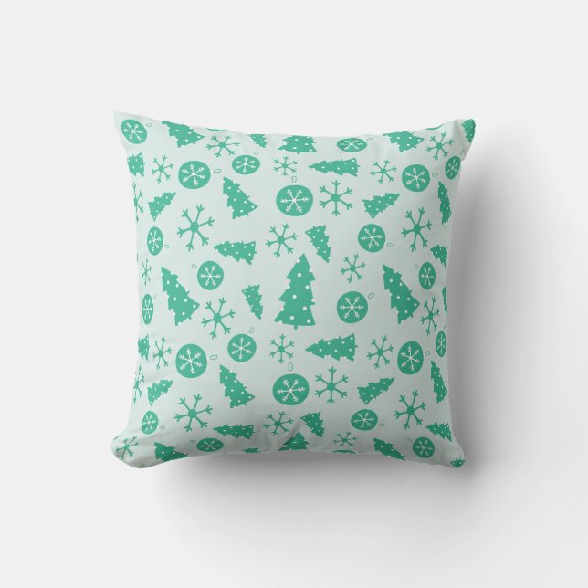 Merry in Turquoise Christmas Trees and Ornaments Throw Pillow (Front)
