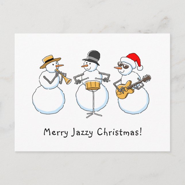 Merry Jazzy Christmas Funny Snowman Jazzband Postcard (Front)