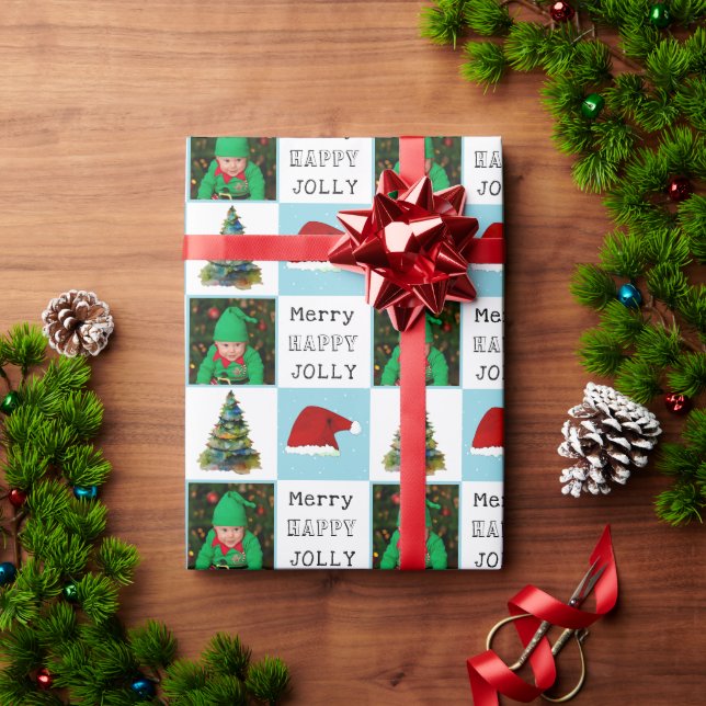 Merry Jolly Christmas Tree Santa Hat Family Photo Wrapping Paper (Holiday Gift)