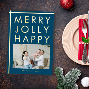 Merry Jolly Happy Blue Family Photo Christmas Gold Foil Holiday Card