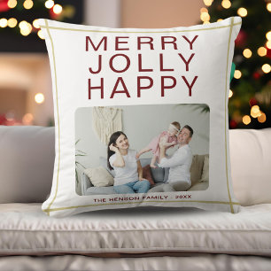 Merry Jolly Happy Custom Family Photo Holiday Throw Pillow