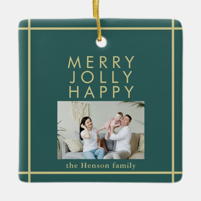 Merry Jolly Happy Family Photo Christmas Green Ceramic Ornament (Front)