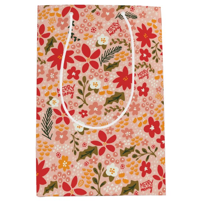 Merry & Joy Christmas Floral in Blush Pink Medium Gift Bag (Front)