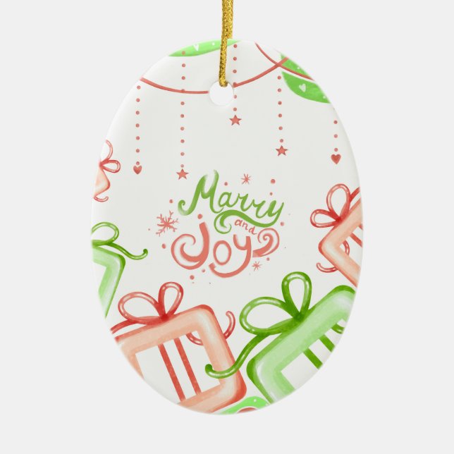 Merry Joy Christmas Greetings with Gifts Design Ceramic Ornament (Front)