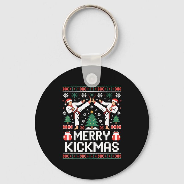 Merry Kickmas Karate Jiu Jitsu Ugly Christmas Desi Keychain (Front)