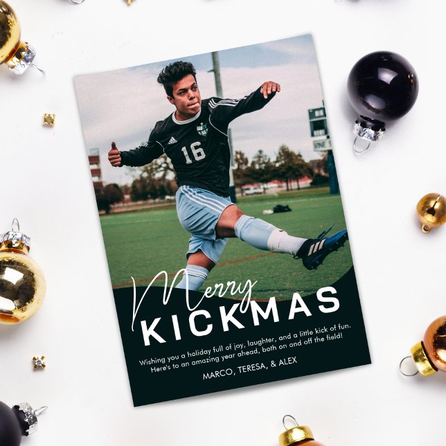 Merry Kickmas Soccer Photo Holiday Card (Creator Uploaded)