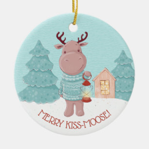 Merry Kiss Moose Funny Ceramic Ornament