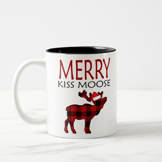 Merry kiss moose plaid moose family christmas paja Two-Tone coffee mug (Left)