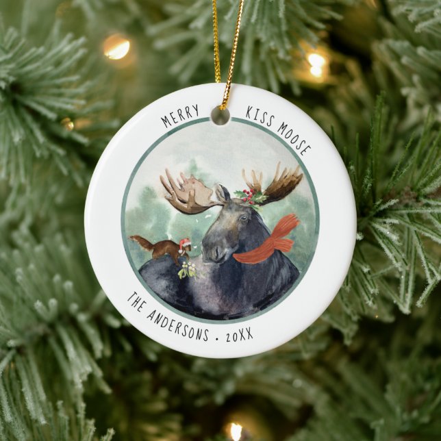 Merry Kiss Moose | Rustic Christmas Winter Ceramic Ornament (Tree)