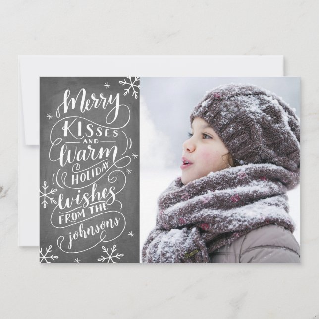 Merry Kisses Holiday Wishes Typography Snow Photo (Front)