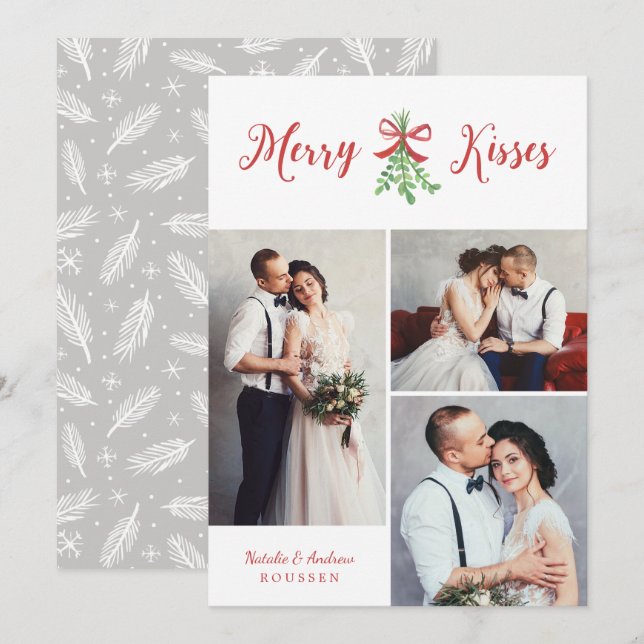 Merry Kisses Modern Three Photo Mistletoe Holiday Card (Front/Back)