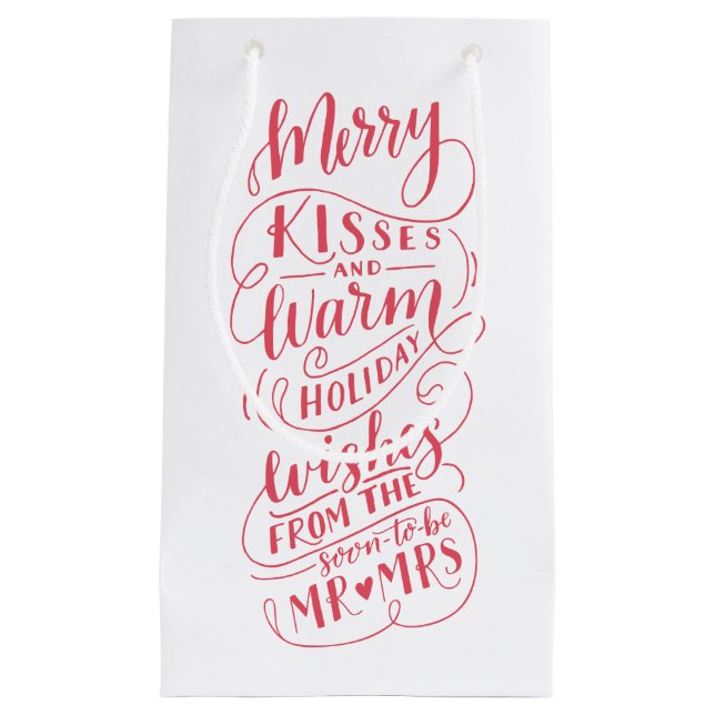Merry Kisses Warm Wishes Mr and Mrs Typography Small Gift Bag (Front)