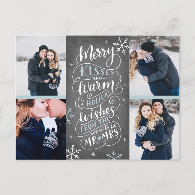 Merry Kisses Warm Wishes Save The Date 4-Photo Announcement Postcard (Front)