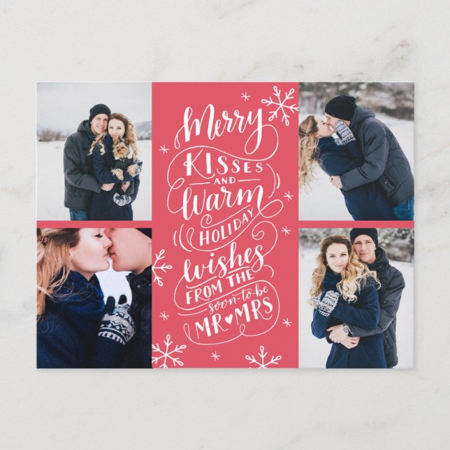 Merry Kisses Warm Wishes Save The Date 4-Photo Announcement Postcard (Front)