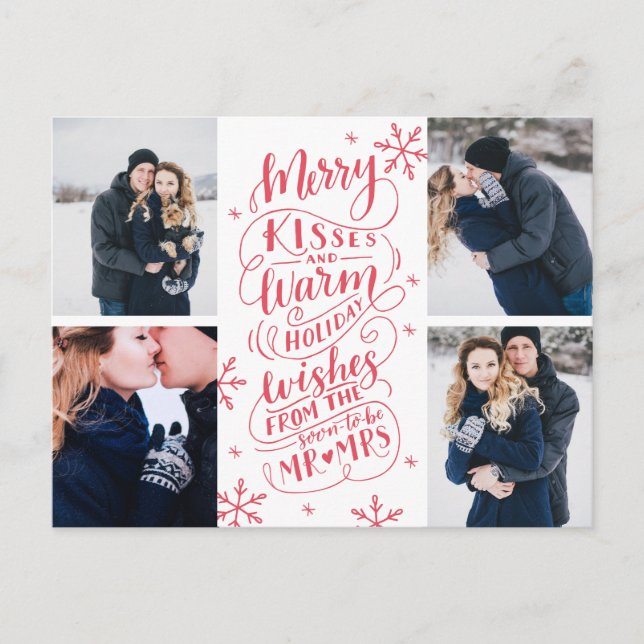 Merry Kisses Warm Wishes Save The Date 4-Photo Announcement Postcard (Front)