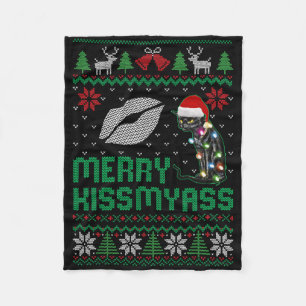 Merry Kissmy Xmas Fun Black Cat Christmas Lights Fleece Blanket