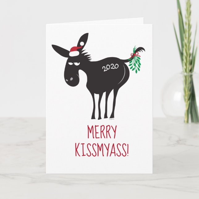 Merry KissMyAss 2020! Donkey with Mistletoe Holida Holiday Card (Front)
