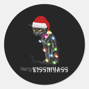 Merry Kissmyass Fun Cat Christmas Lights 1 Classic Round Sticker