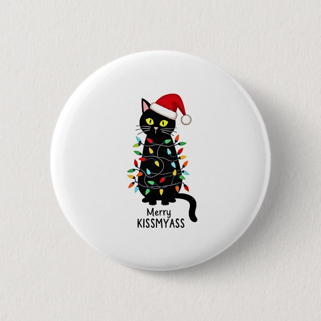 Merry Kissmyass Funny Cat Christmas Lights Premium 2 Inch Round Button (Front)