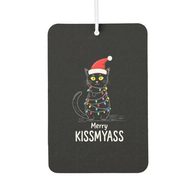 Merry Kissmyass Funny Cat Christmas Lights Premium Air Freshener (Front)