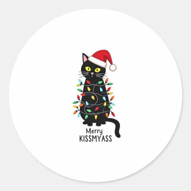 Merry Kissmyass Funny Cat Christmas Lights Premium Classic Round Sticker (Front)
