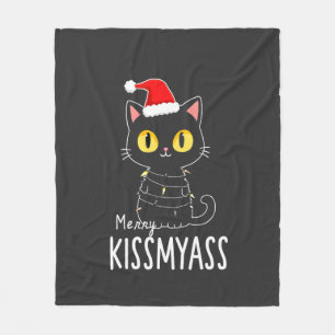 Merry Kissmyass Funny Cat Christmas Lights Premium Fleece Blanket