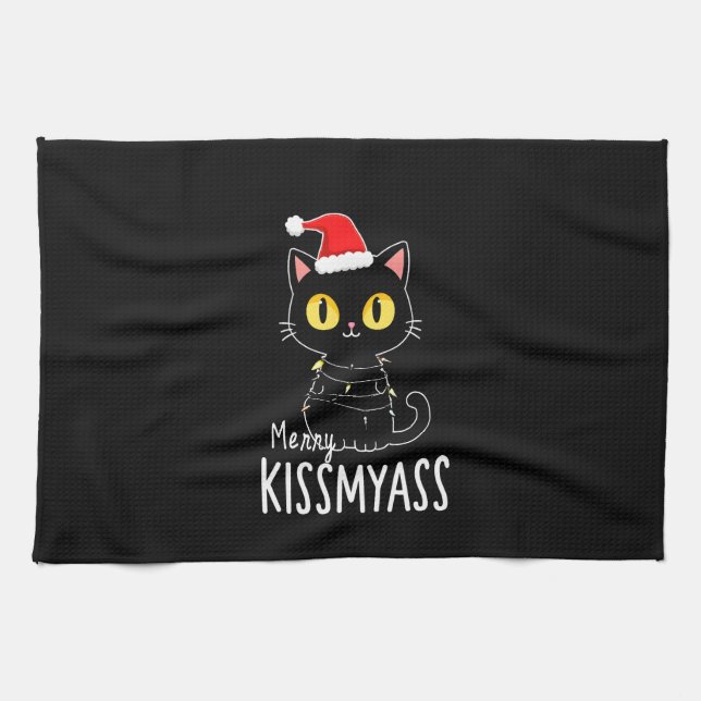 Merry Kissmyass Funny Cat Christmas Lights Premium Kitchen Towel (Horizontal)
