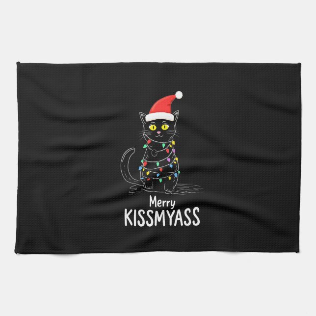 Merry Kissmyass Funny Cat Christmas Lights Premium Kitchen Towel (Horizontal)