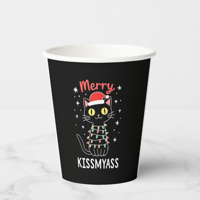 Merry Kissmyass Funny Cat Christmas Lights Premium Paper Cups (Front)