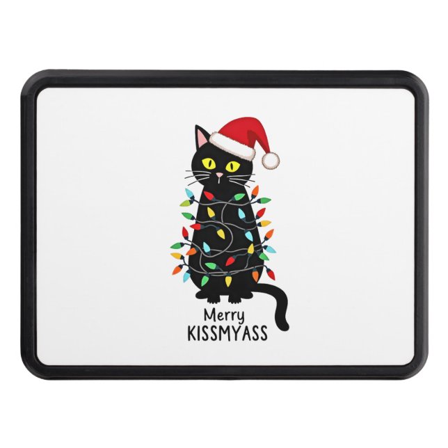 Merry Kissmyass Funny Cat Christmas Lights Premium Trailer Hitch Cover (Front)