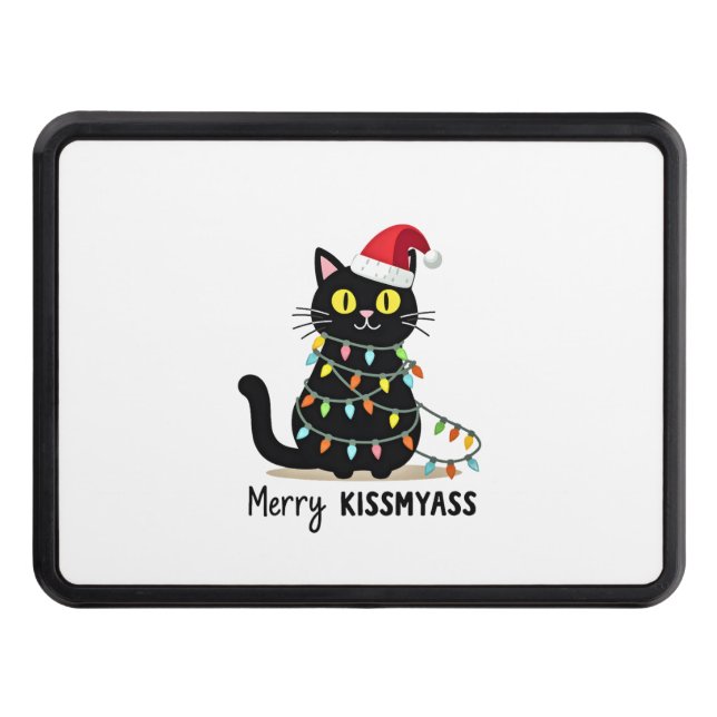 Merry Kissmyass Funny Cat Christmas Lights Premium Trailer Hitch Cover (Front)