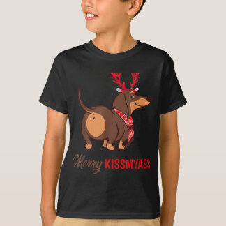 Merry Kissmyass Funny Christmas Reindeer Dachshund T-Shirt