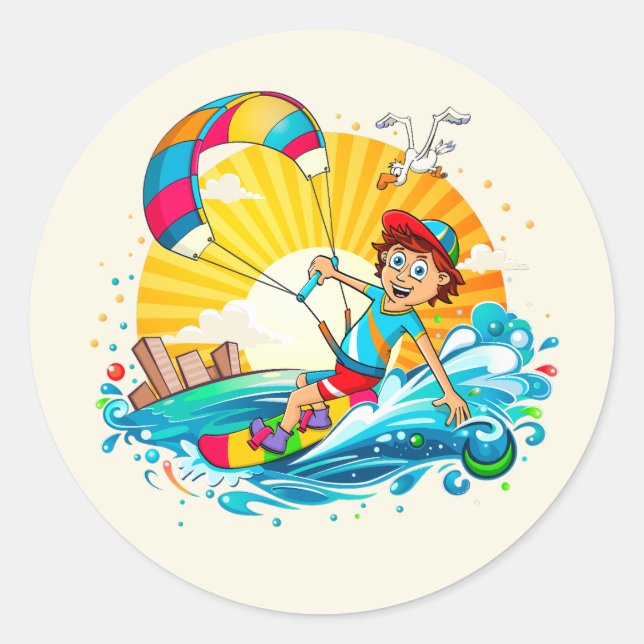 Merry kite surfing illustration. classic round sticker (Front)