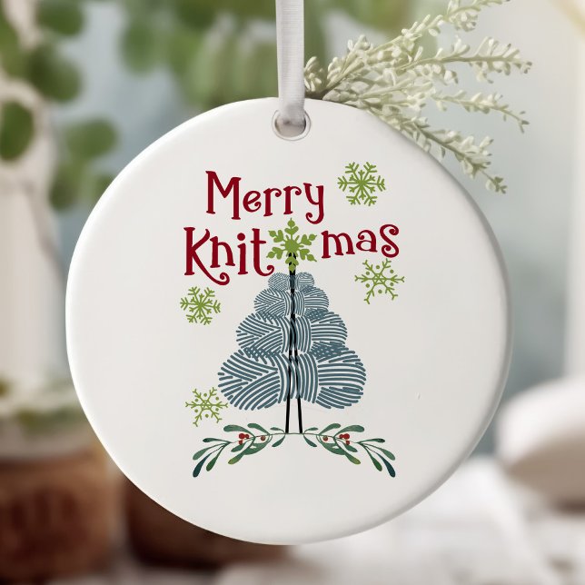 Merry Knitmas and Yarn Tree Knitting Holiday Decor Ceramic Ornament (Merry Knitmas christmas ornament for LYS, knit & natter group or knitting friend)