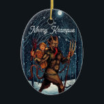 Merry Krampus Ornament<br><div class="desc">Merry Krampus! This design features an image of Krampus roaming the woods on a wintry night. The back of the ornament may be customized with your family surname and the year. In fact, all of the text and fonts may be customized, and the images may be adjusted for size and...</div>