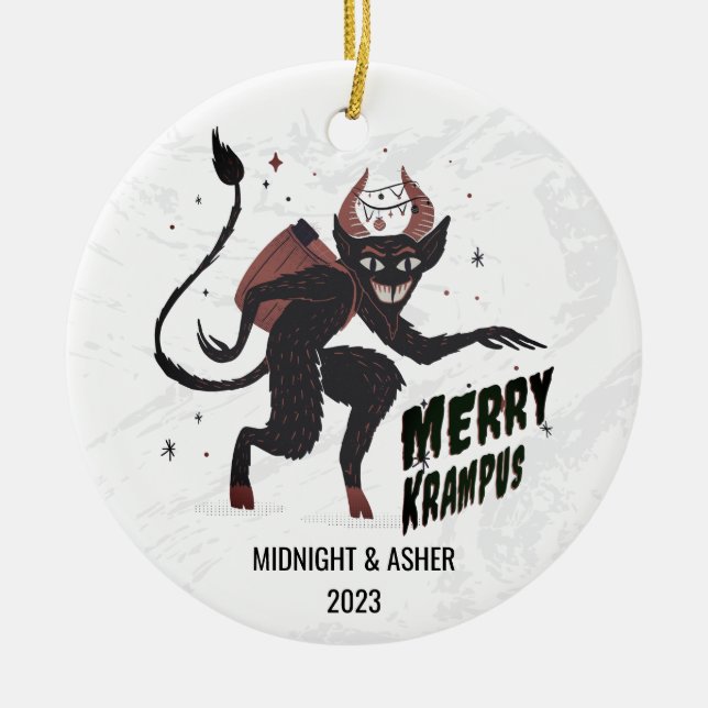 Merry Krampus Typography Christmas  Ceramic Ornament (Front)