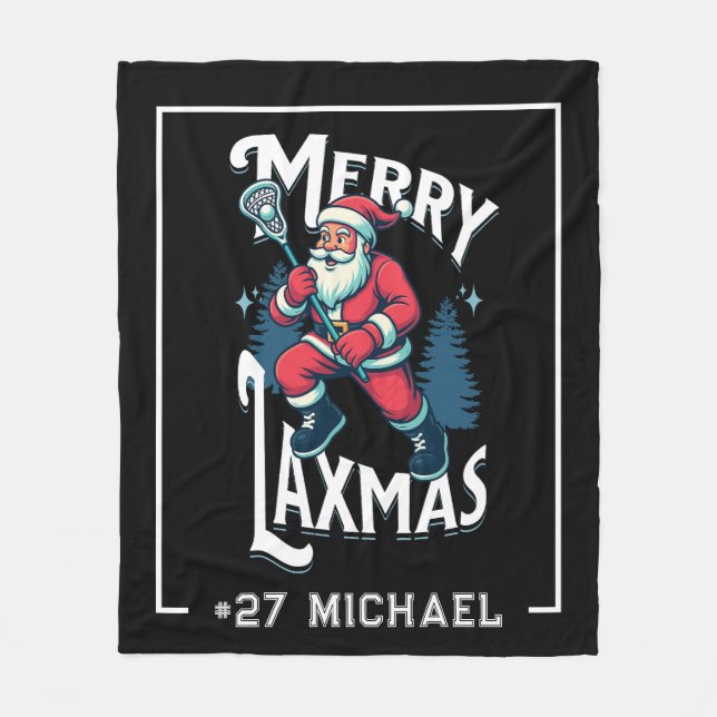 Merry Laxmas Black Christmas Lacrosse Christmas Fleece Blanket (Front)