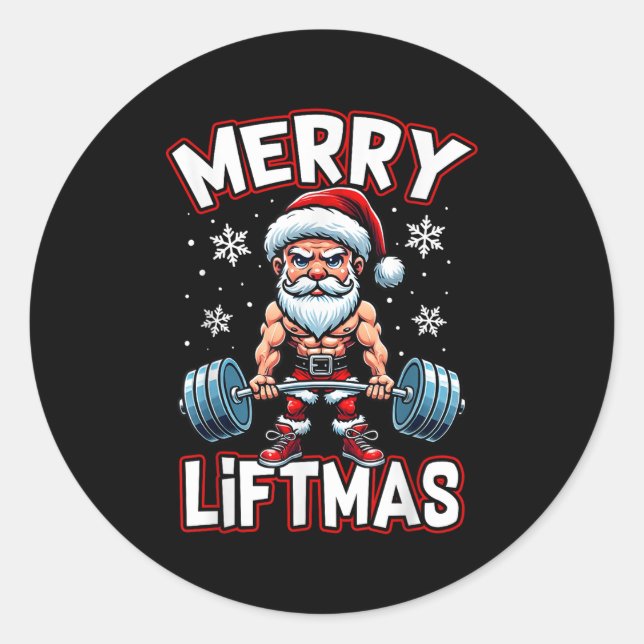 Merry Liftmas Funny Santa Claus Workout Gym Fitnes Classic Round Sticker (Front)