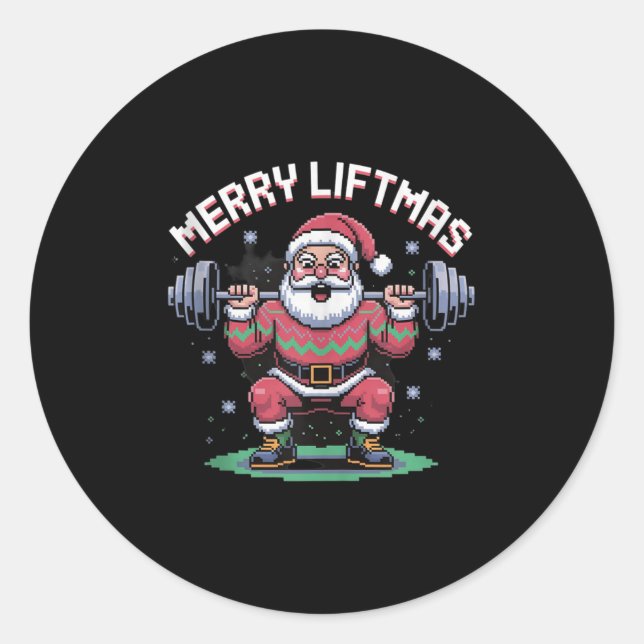 Merry Liftmas Santa Claus Barbell Squat Xel Retro  Classic Round Sticker (Front)
