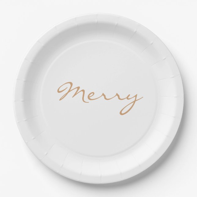 Merry Light Brown Taupe Minimal Holiday Typography Paper Plate (Front)